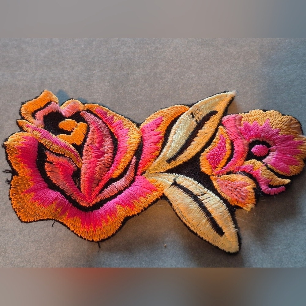 Floral Embroidered Aplique Patch In Orange Green And Balck